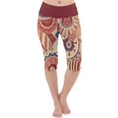 Pop Art Paisley Flowers Ornaments Multicolored 4 Background Solid Dark Red Lightweight Velour Cropped Yoga Leggings by EDDArt