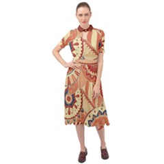 Pop Art Paisley Flowers Ornaments Multicolored 4 Background Solid Dark Red Keyhole Neckline Chiffon Dress by EDDArt