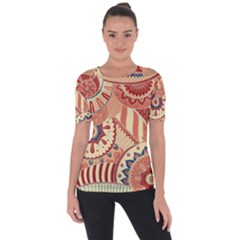 Pop Art Paisley Flowers Ornaments Multicolored 4 Background Solid Dark Red Shoulder Cut Out Short Sleeve Top by EDDArt