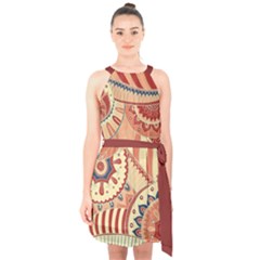 Pop Art Paisley Flowers Ornaments Multicolored 4 Background Solid Dark Red Halter Collar Waist Tie Chiffon Dress