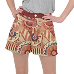 Pop Art Paisley Flowers Ornaments Multicolored 4 Background Solid Dark Red Ripstop Shorts by EDDArt
