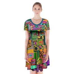 Modern Geometric Art   Dancing In The City Background Solid Dark Blue Short Sleeve V-neck Flare Dress by EDDArt