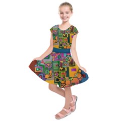 Modern Geometric Art   Dancing In The City Background Solid Dark Blue Kids  Short Sleeve Dress by EDDArt