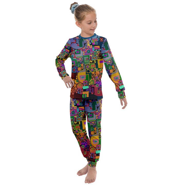 Modern Geometric Art   Dancing In The City Background Solid Dark Blue Kids  Long Sleeve Set 