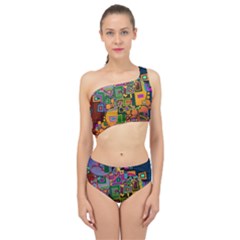 Modern Geometric Art   Dancing In The City Background Solid Dark Blue Spliced Up Two Piece Swimsuit by EDDArt