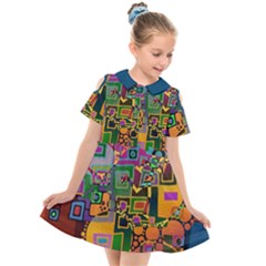 Modern Geometric Art   Dancing In The City Background Solid Dark Blue Kids  Short Sleeve Shirt Dress by EDDArt