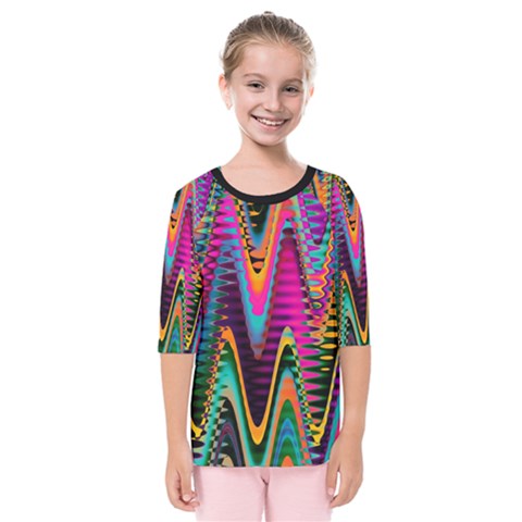 Multicolored Wave Distortion Zigzag Chevrons 2 Background Color Solid Black Kids  Quarter Sleeve Raglan Tee by EDDArt