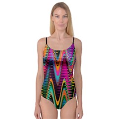 Multicolored Wave Distortion Zigzag Chevrons 2 Background Color Solid Black Camisole Leotard  by EDDArt