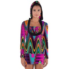 Multicolored Wave Distortion Zigzag Chevrons 2 Background Color Solid Black Long Sleeve Hooded T-shirt by EDDArt