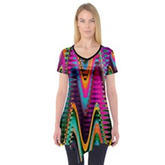 Multicolored Wave Distortion Zigzag Chevrons 2 Background Color Solid Black Short Sleeve Tunic  by EDDArt