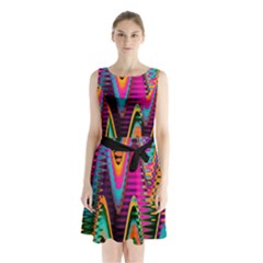 Multicolored Wave Distortion Zigzag Chevrons 2 Background Color Solid Black Sleeveless Waist Tie Chiffon Dress by EDDArt
