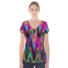 Multicolored Wave Distortion Zigzag Chevrons 2 Background Color Solid Black Short Sleeve Front Detail Top by EDDArt