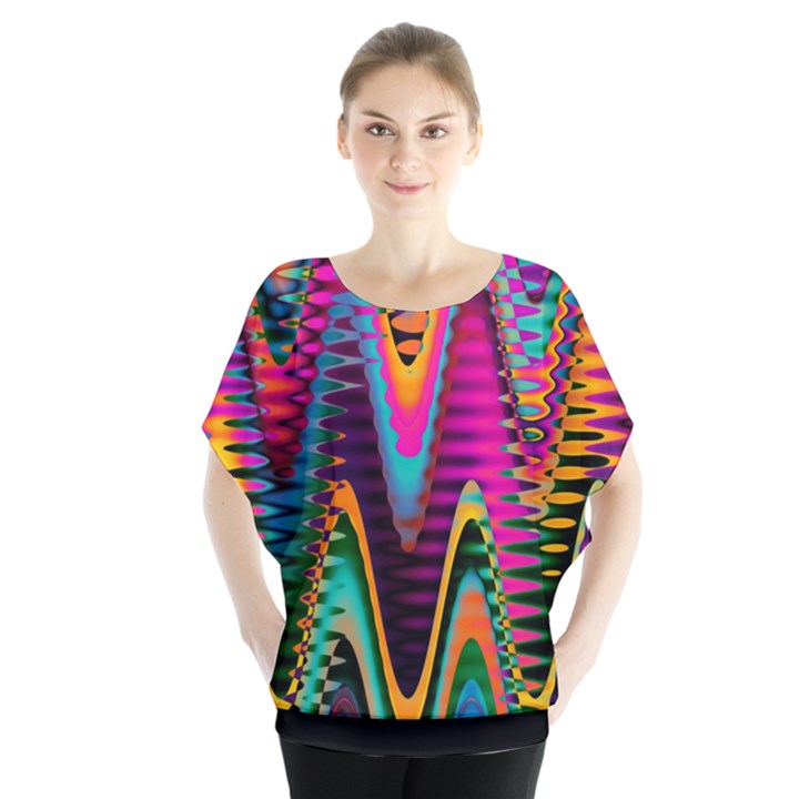 Multicolored Wave Distortion Zigzag Chevrons 2 Background Color Solid Black Batwing Chiffon Blouse