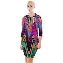 Multicolored Wave Distortion Zigzag Chevrons 2 Background Color Solid Black Quarter Sleeve Hood Bodycon Dress by EDDArt