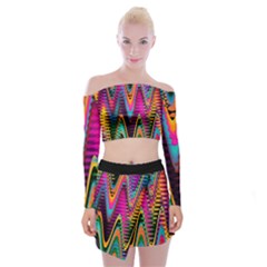 Multicolored Wave Distortion Zigzag Chevrons 2 Background Color Solid Black Off Shoulder Top With Mini Skirt Set by EDDArt