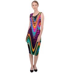 Multicolored Wave Distortion Zigzag Chevrons 2 Background Color Solid Black Sleeveless Pencil Dress by EDDArt