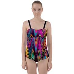 Multicolored Wave Distortion Zigzag Chevrons 2 Background Color Solid Black Twist Front Tankini Set by EDDArt