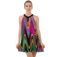 Multicolored Wave Distortion Zigzag Chevrons 2 Background Color Solid Black Halter Tie Back Chiffon Dress by EDDArt
