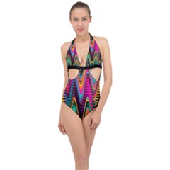 Multicolored Wave Distortion Zigzag Chevrons 2 Background Color Solid Black Halter Front Plunge Swimsuit by EDDArt