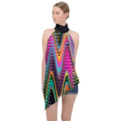 Multicolored Wave Distortion Zigzag Chevrons 2 Background Color Solid Black Halter Asymmetric Satin Top