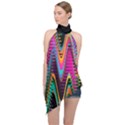 Multicolored Wave Distortion Zigzag Chevrons 2 Background Color Solid Black Halter Asymmetric Satin Top View1