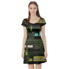 Narrow Boats Scene Pattern Short Sleeve Skater Dress