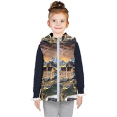 Castle Fantasy Landscape Stormy Kids  Hooded Puffer Vest by Pakrebo