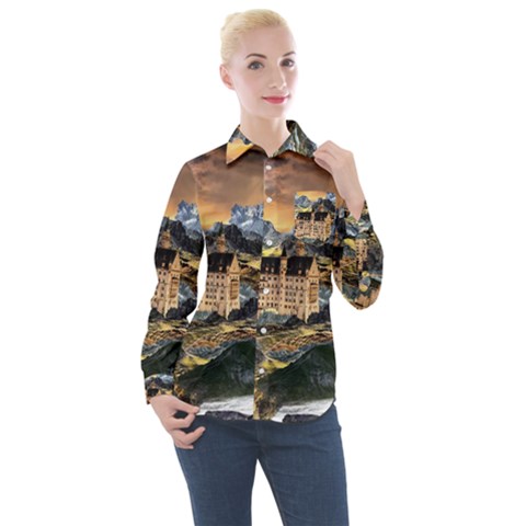 Castle Fantasy Landscape Stormy Women s Long Sleeve Pocket Shirt by Pakrebo