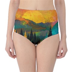 Trees Mountains Sun Sunrise Warm Classic High-waist Bikini Bottoms by Pakrebo