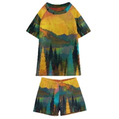 Trees Mountains Sun Sunrise Warm Kids  Swim Tee And Shorts Set by Pakrebo