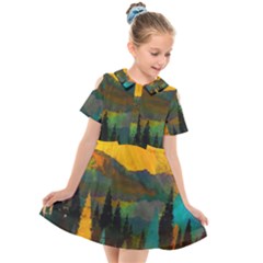 Trees Mountains Sun Sunrise Warm Kids  Short Sleeve Shirt Dress by Pakrebo