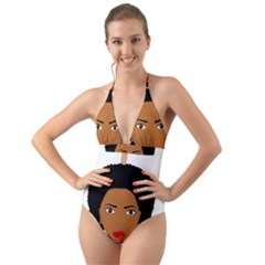 African American Woman With ?urly Hair Halter Cut-out One Piece Swimsuit