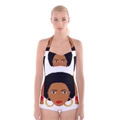 African American Woman With ?urly Hair Boyleg Halter Swimsuit  by bumblebamboo