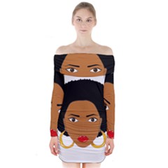 African American Woman With ?urly Hair Long Sleeve Off Shoulder Dress by bumblebamboo