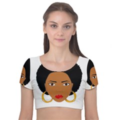 African American Woman With ?urly Hair Velvet Short Sleeve Crop Top  by bumblebamboo