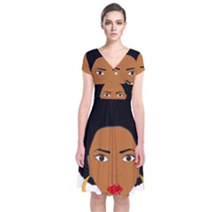 African American Woman With ?urly Hair Short Sleeve Front Wrap Dress by bumblebamboo