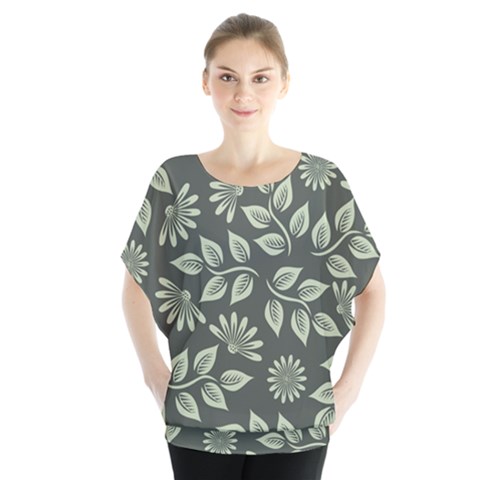 Flowers Pattern Spring Green Batwing Chiffon Blouse by Pakrebo