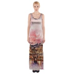 City Buildings Bridge Water River Thigh Split Maxi Dress by Pakrebo