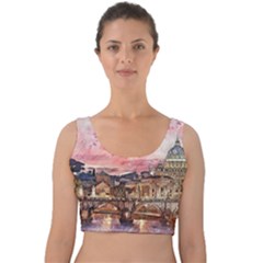 City Buildings Bridge Water River Velvet Crop Top by Pakrebo