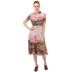 City Buildings Bridge Water River Keyhole Neckline Chiffon Dress by Pakrebo