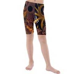 Fractal Brown Golden Intensive Kids  Mid Length Swim Shorts by Pakrebo