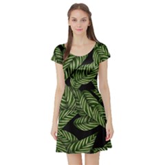 Leaves Pattern Tropical Green Short Sleeve Skater Dress