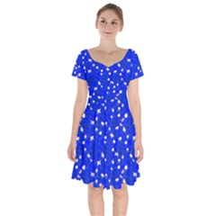 Blue White Floral Short Sleeve Bardot Dress by 1dsign