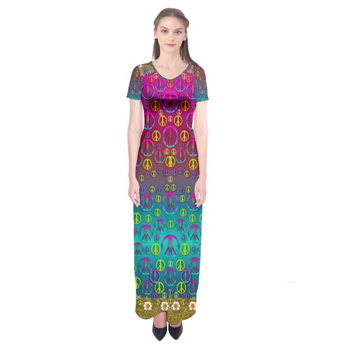 Signs Of Peace  In A Amazing Floral Gold Landscape Short Sleeve Maxi Dress