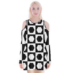 Chessboard Hexagons Squares Velvet Long Sleeve Shoulder Cutout Dress