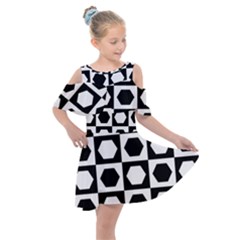 Chessboard Hexagons Squares Kids  Shoulder Cutout Chiffon Dress