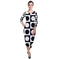 Chessboard Hexagons Squares Quarter Sleeve Midi Velour Bodycon Dress