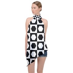 Chessboard Hexagons Squares Halter Asymmetric Satin Top