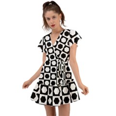 Chessboard Hexagons Squares Flutter Sleeve Wrap Dress
