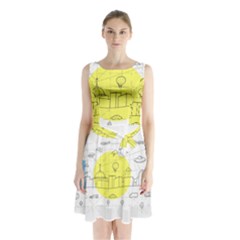 Urban City Skyline Sketch Sleeveless Waist Tie Chiffon Dress by Pakrebo